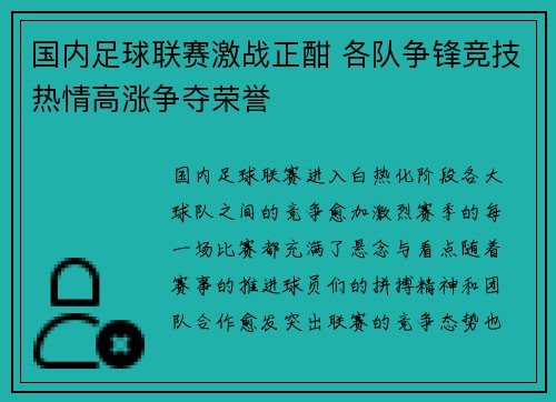 国内足球联赛激战正酣 各队争锋竞技热情高涨争夺荣誉 国内足球联赛激战正酣 各队争锋竞技热情高涨争夺荣誉