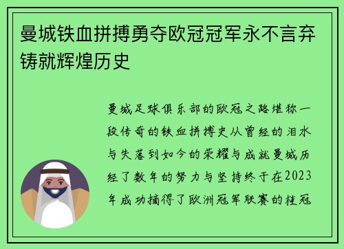 曼城铁血拼搏勇夺欧冠冠军永不言弃铸就辉煌历史 曼城铁血拼搏勇夺欧冠冠军永不言弃铸就辉煌历史