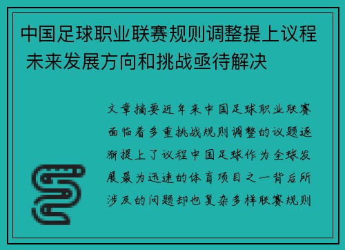 中国足球职业联赛规则调整提上议程 未来发展方向和挑战亟待解决 中国足球职业联赛规则调整提上议程 未来发展方向和挑战亟待解决